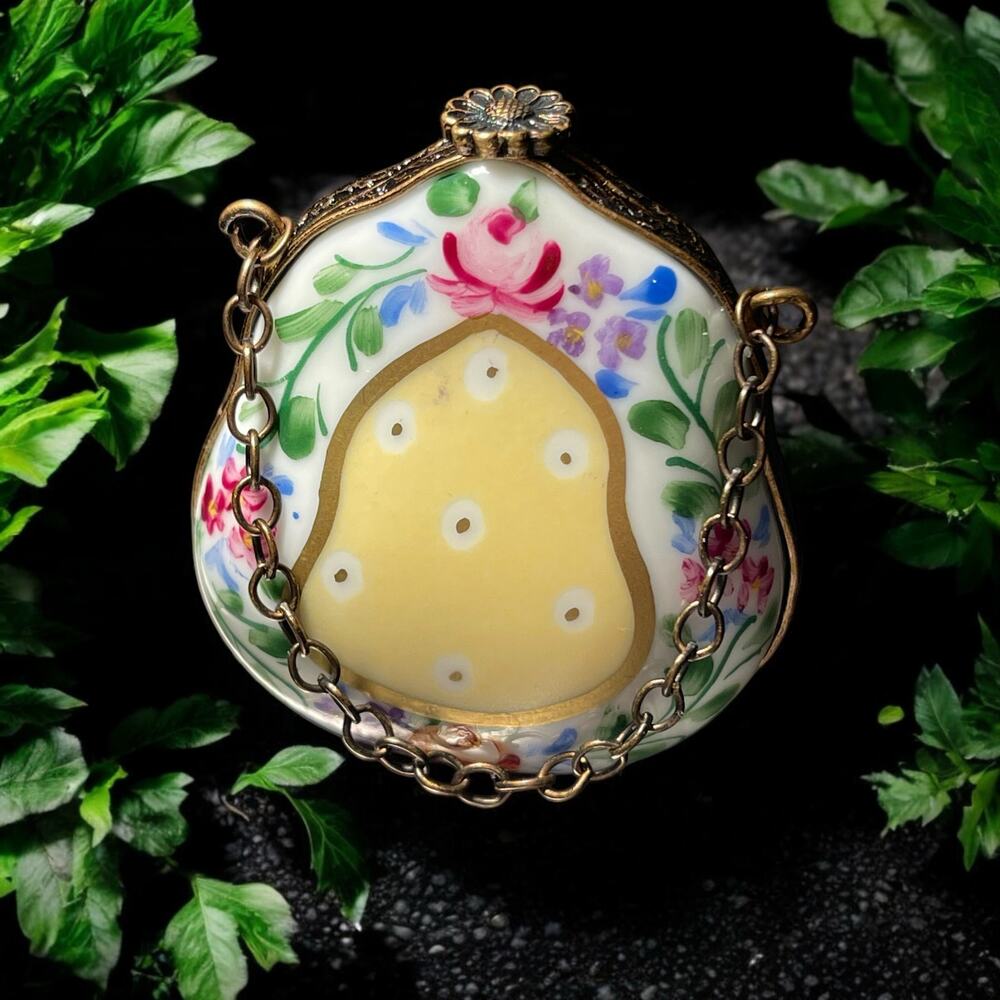 Authentic Floral And Dots Purse Limoges Trinket Box, Ring Box, Pillbox Yellow